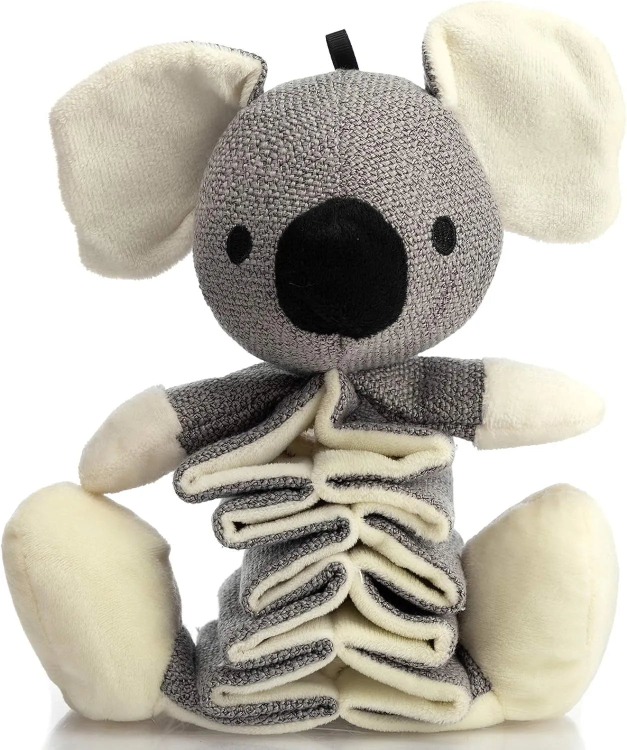 Grey koala plush dog toy measuring 30cm with crinkle paper squeaker and rope reinforcement