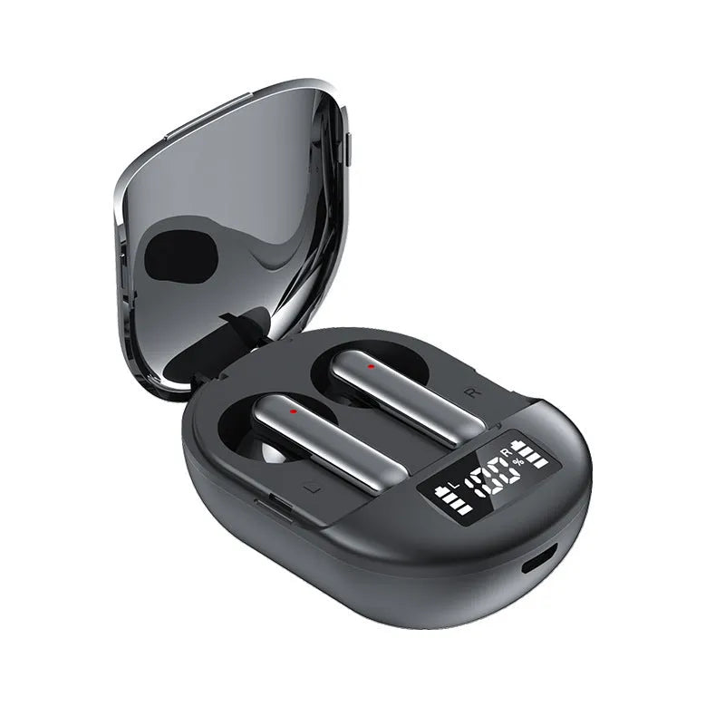 Black wireless Bluetooth headphones with digital display and charging case