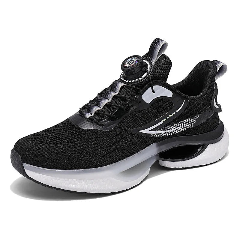 White rotating buckle low-top running shoes with breathable fly-knit mesh upper on a grey background.