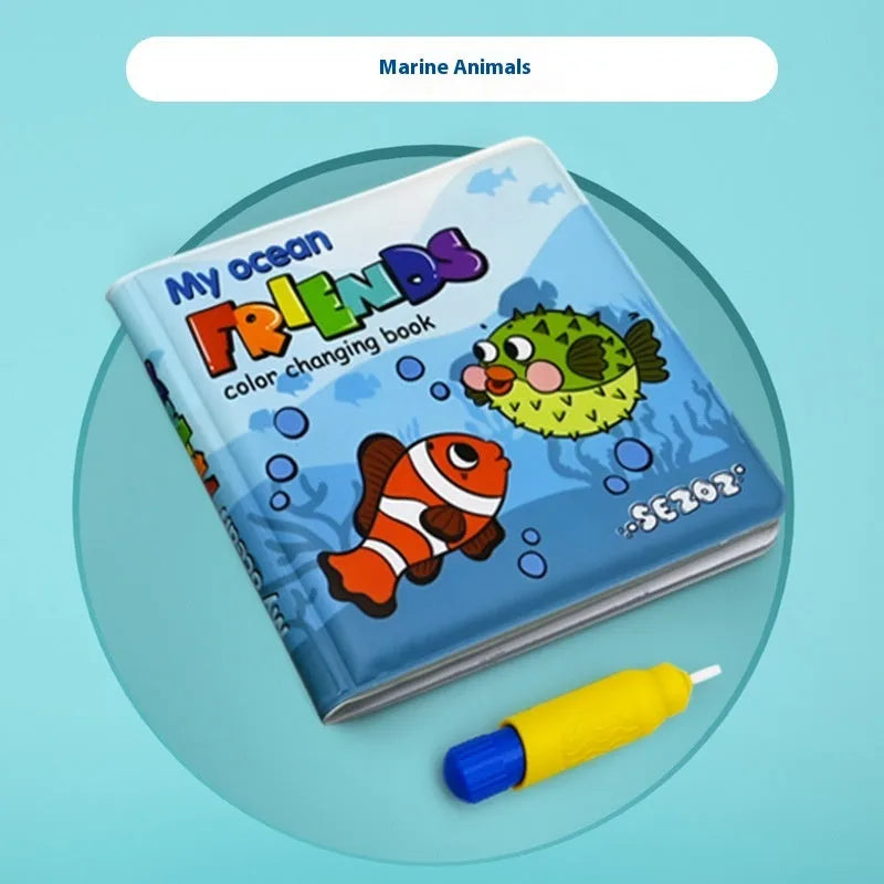 Colour changing bath book for babies with waterproof PEVA pages showing animal friends design