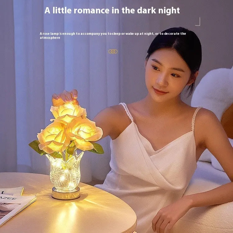 Crystal flowers rechargeable touch control table lamp with dimming function on wooden surface