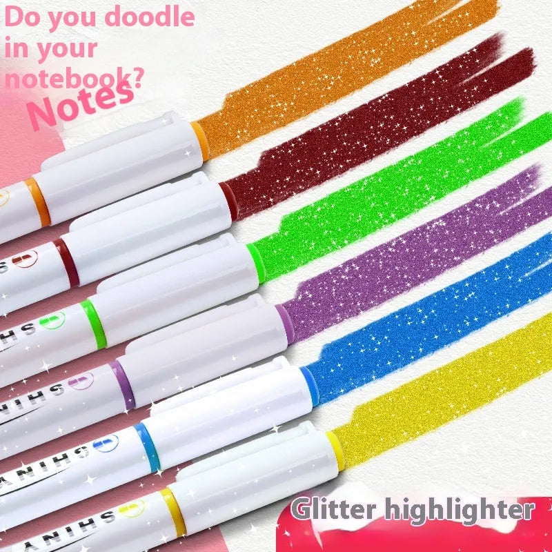 Set of four glitter highlighter pens with slanted tips showing six glitter ink colours including taro puff and mung bean smoothie