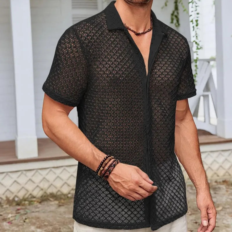 Man wearing a milky white short sleeve mesh cardigan shirt with a lapel collar.