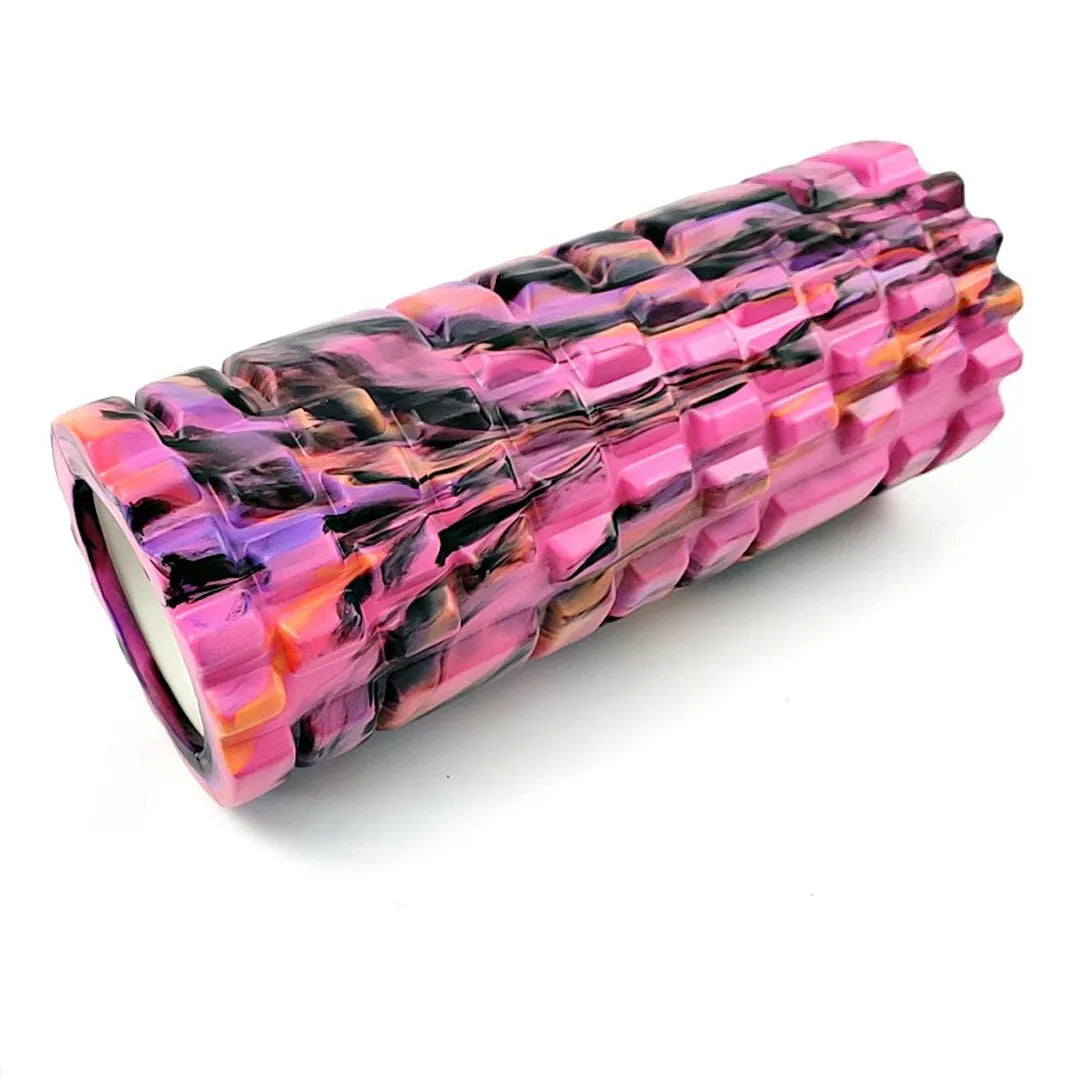 33cm camouflage pattern EVA foam roller in blue green yellow colour shown on exercise mat