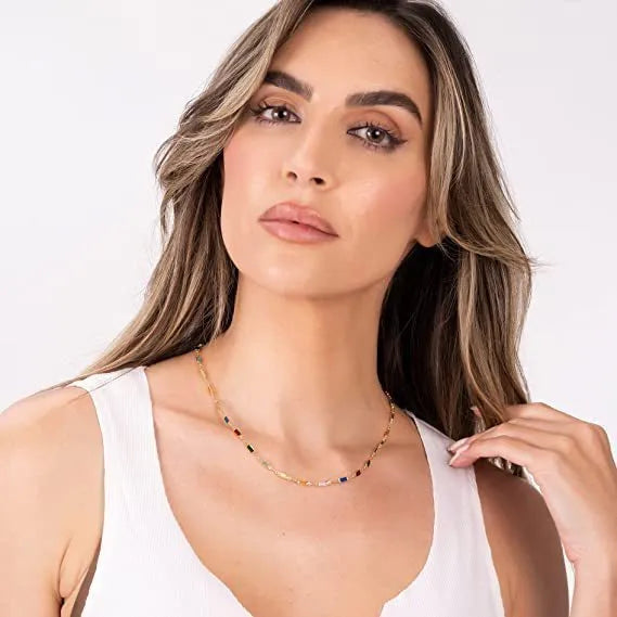 Ladies geometric crystal necklace with alloy chain and random colour glass detailing
