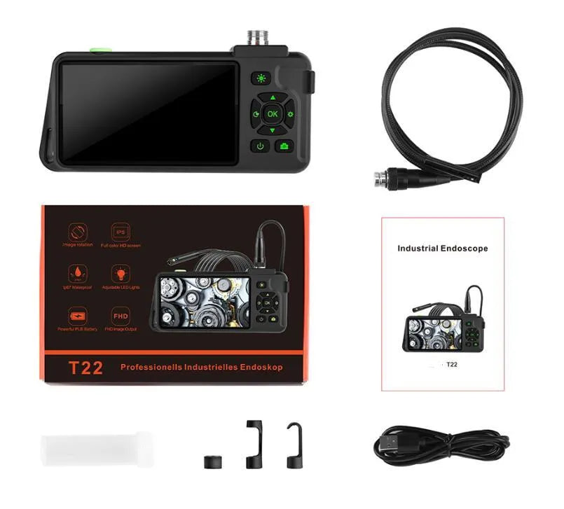 Handheld industrial endoscope with 4.5-inch colour screen and 1 metre inspection cable extended