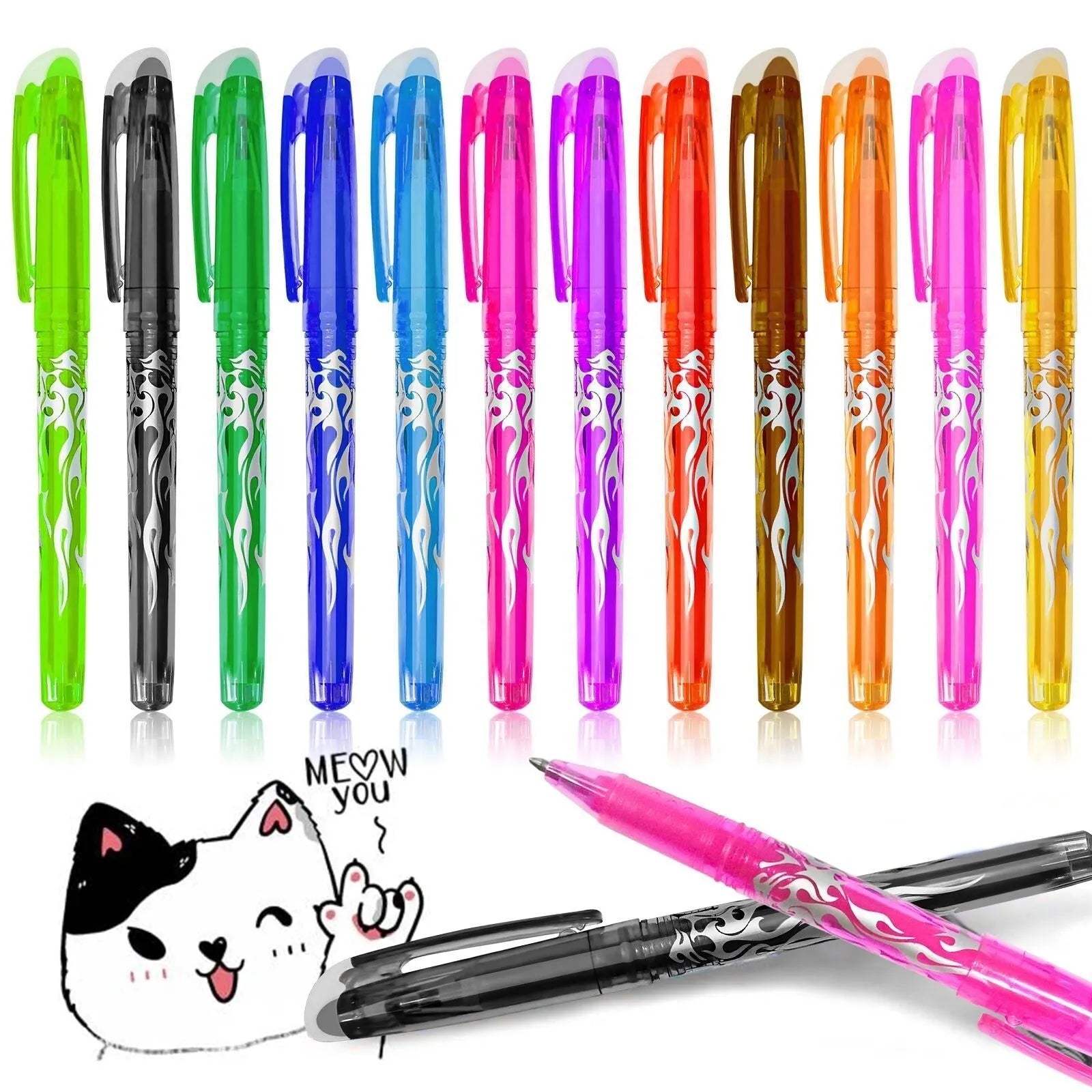Heat-erasable gel pen set with plastic shells and stainless steel nibs in multiple colours for office writing