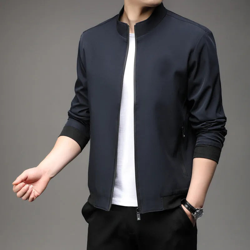 Korean style loose fit thin autumn jacket in blue with lapel collar and zip pockets.
