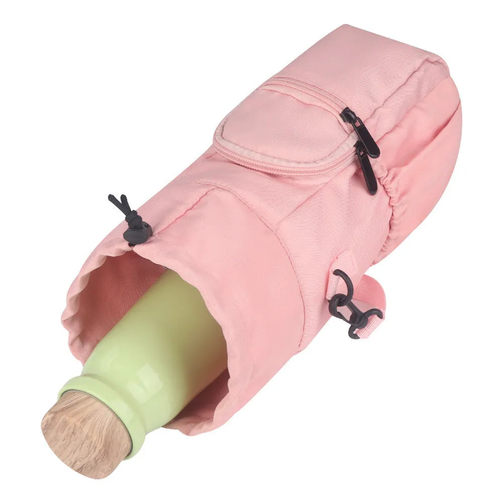 Cloth water bottle pouch crossbody bag with adjustable strap in black, green, and pink.
