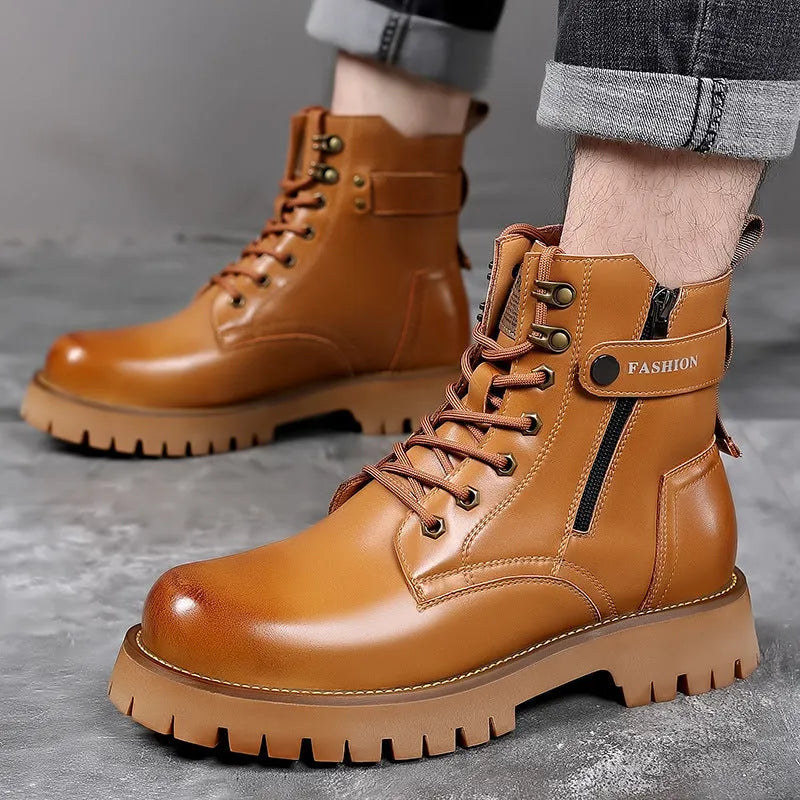 Men's light brown thick-soled high-top Martin boots with side zipper and round toe design