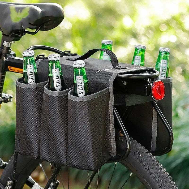 Black and blue orange double-sided bicycle drink bag with 2 litre capacity mounted on a bike frame