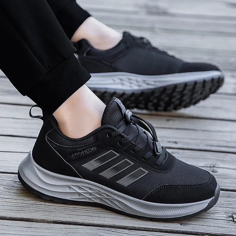 Breathable non-slip mum shoes with mesh upper and elastic band in black, dark grey, purple, and purplish red.