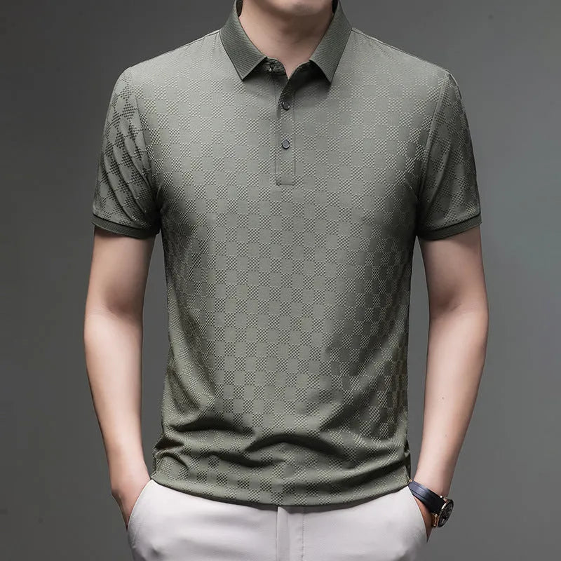 Men's black thin ice silk T-shirt with a rhombus pattern and slit detail on the front.