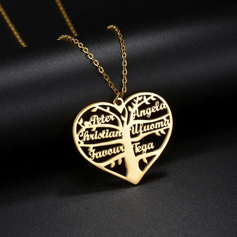 Custom stainless steel necklace with hollow heart lucky tree pendant engraved with names, shown in silver, gold, and rose gold colours.