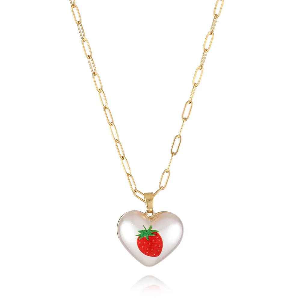 Heart-shaped necklace with a choice of fruit pendant charms on an adjustable chain.