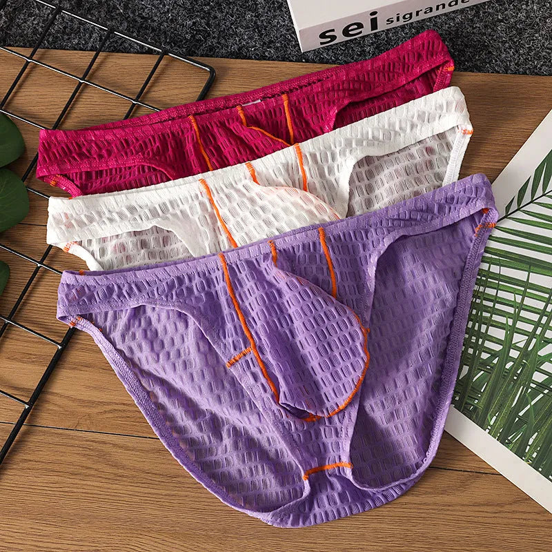 Men's ice silk lace briefs in low waist design showing solid colour options