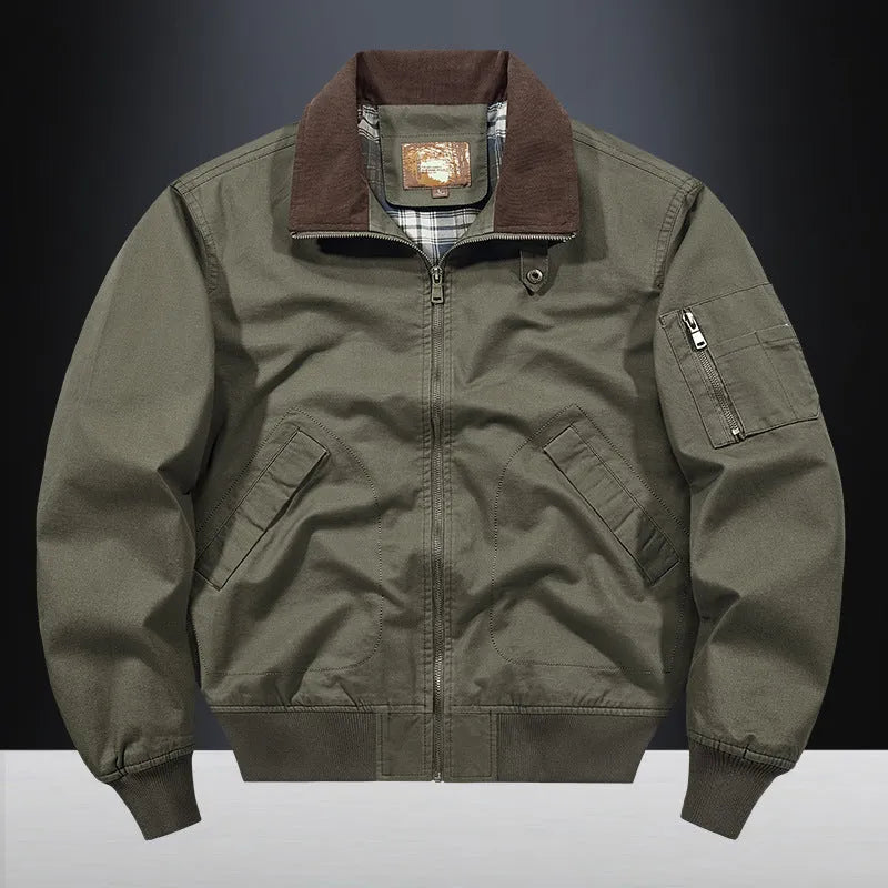 Men's plus size washed cotton baseball flight jacket shown in camel colour.