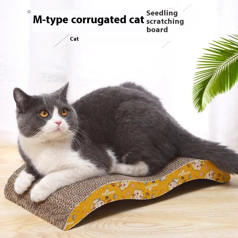 Corrugated paper cat scratch board with leather border in one of seven available styles.