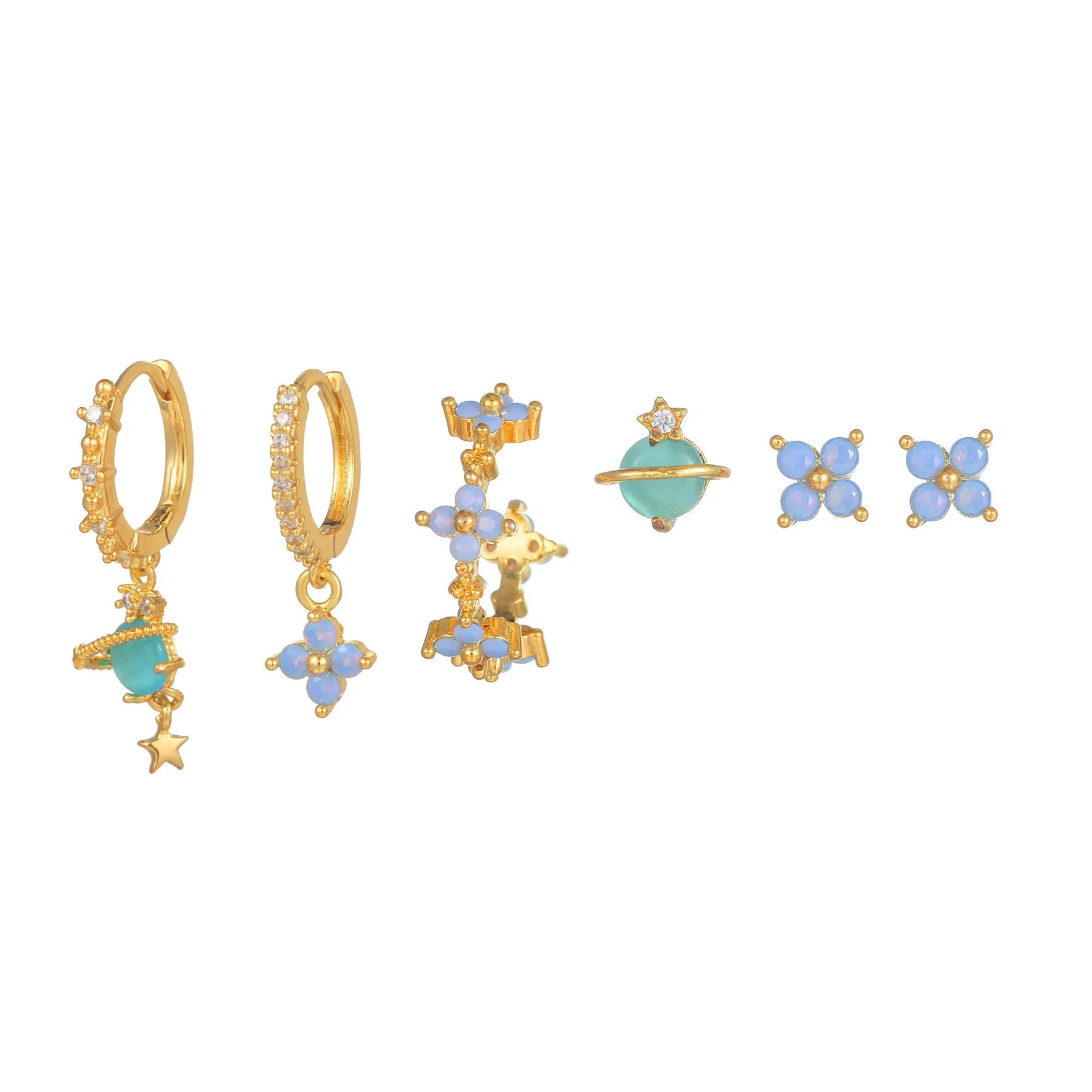 Gold and silver flower stud earrings with zircon mosaic detail in Japanese Korean style