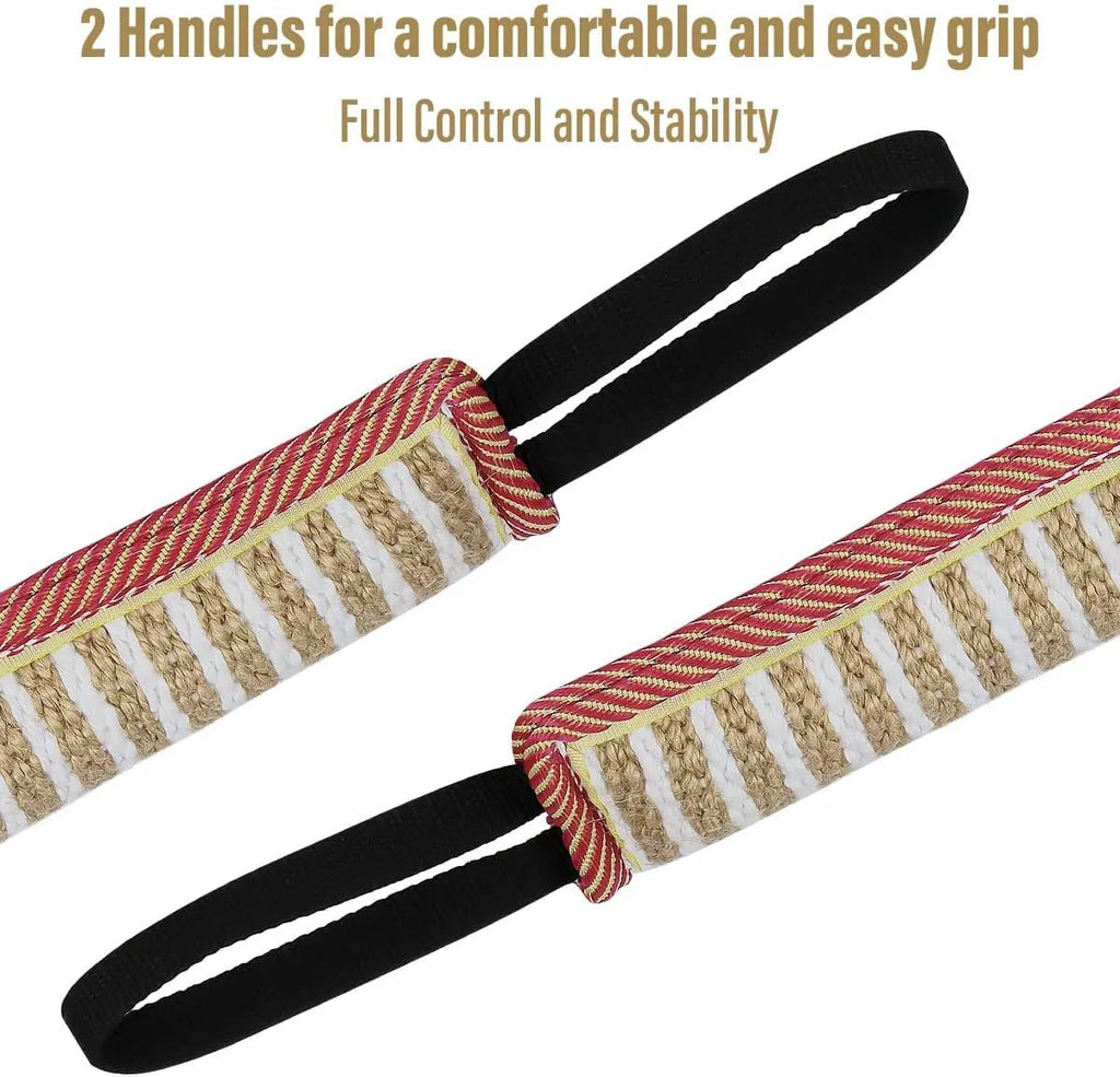 Beige jute dog tug toy with two fabric handles for interactive training exercises