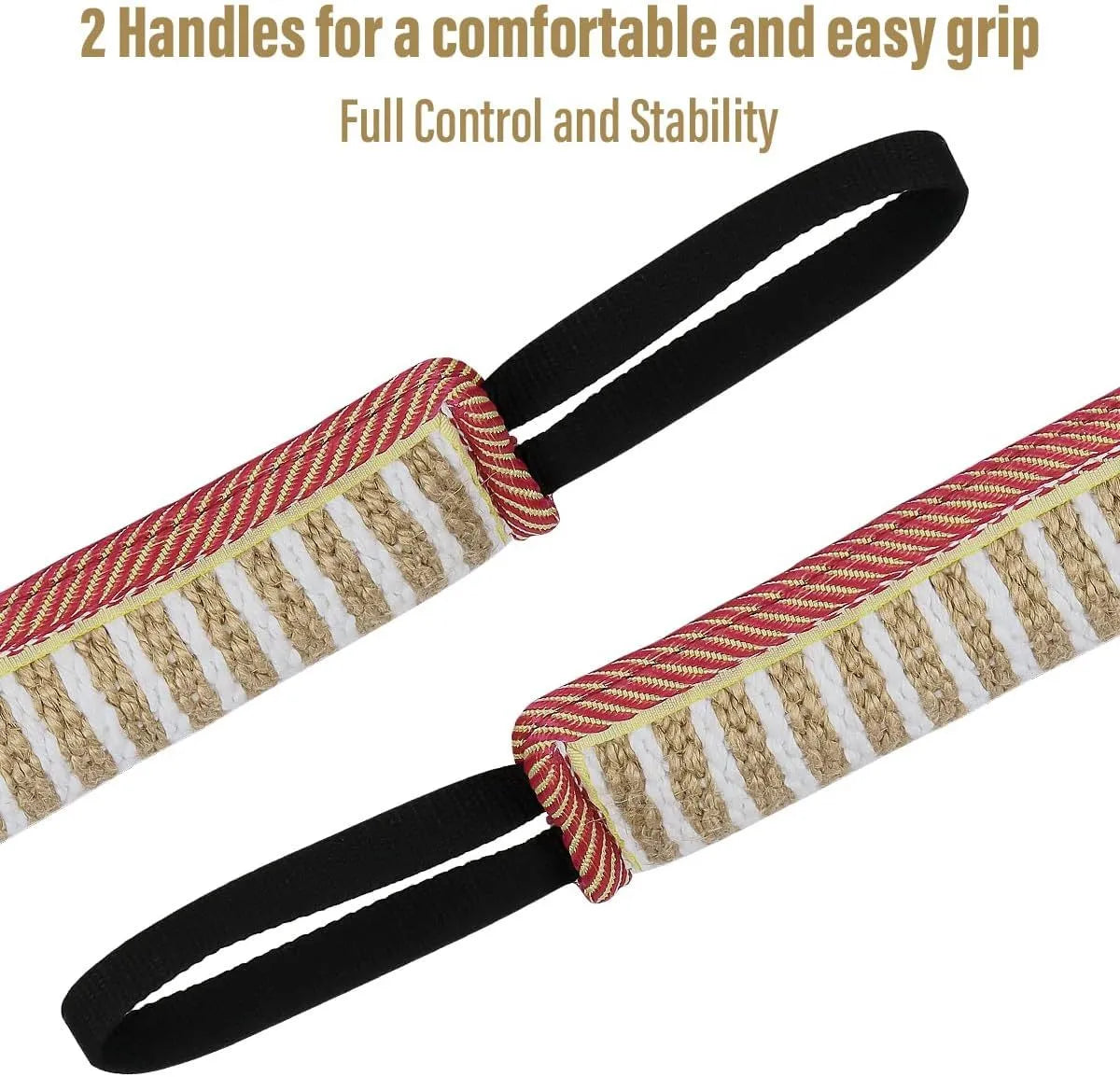 Beige jute dog tug toy with two fabric handles for interactive training exercises