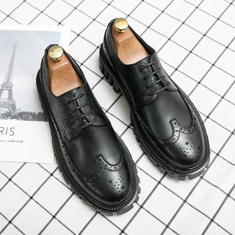 Men's black and brown brogue Oxford shoes with round toe and decorative detailing for business formal wear