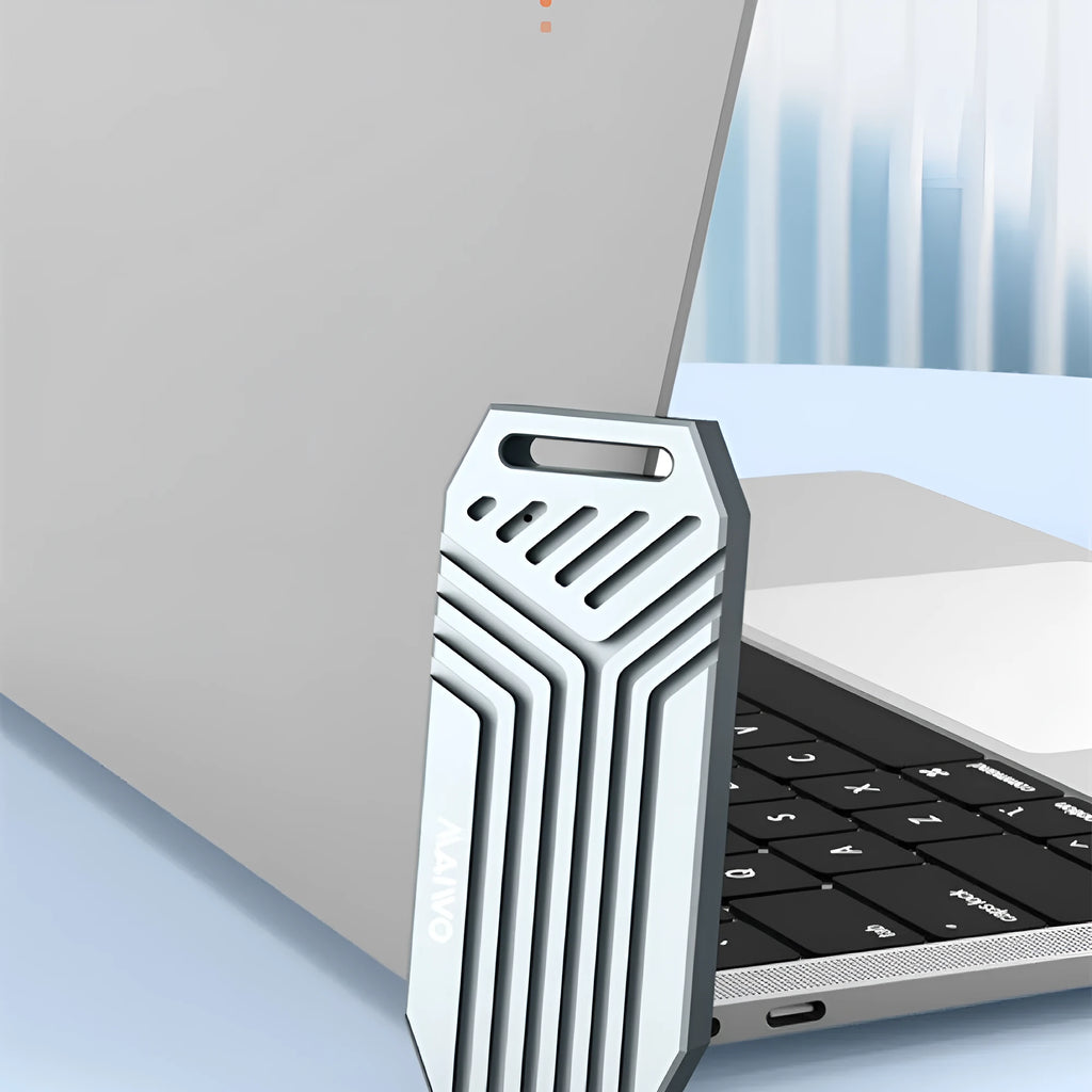 Silver aluminium external SSD enclosure for M.2 drives with Thunderbolt 4 40Gbps port