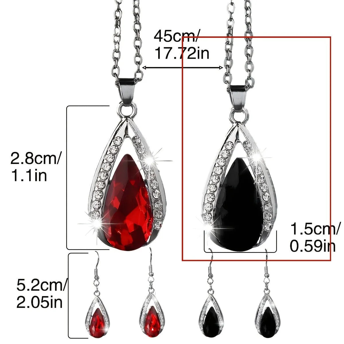 Teardrop pendant necklace and matching earrings set in black and red alloy jewellery