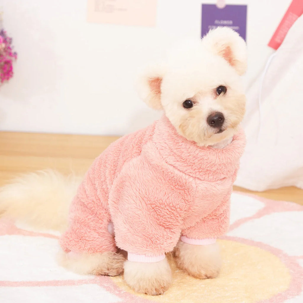 A dog wearing a blue four-legged plush jacket with a high collar and a tow ring on the back.