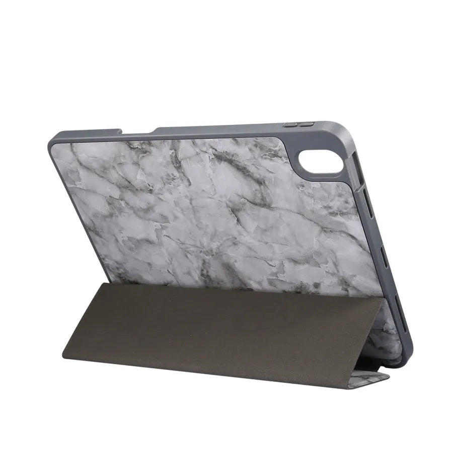 Tri-fold marbling design iPad case with pen slot in dark grey colour showing protective features