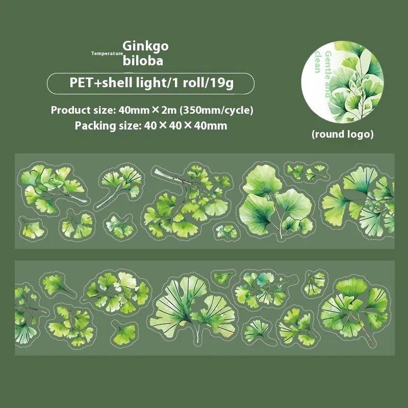 Six rolls of nature-themed decorative stickers showing gentle ginkgo, maple leaf, and blue fallen leaves designs.