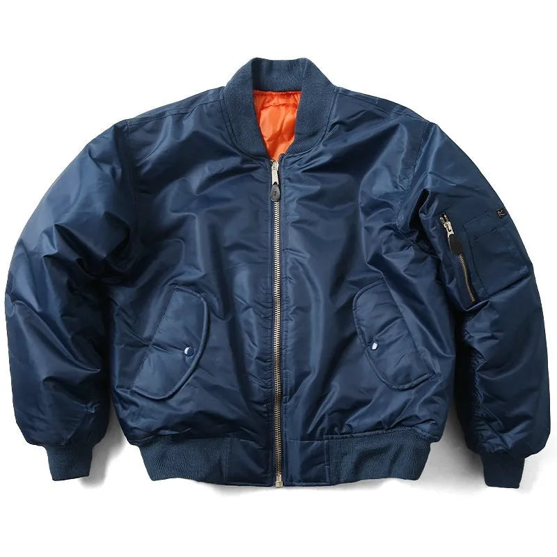 Men's army green loose fit cotton-padded bomber jacket with front zip and ribbed cuffs.