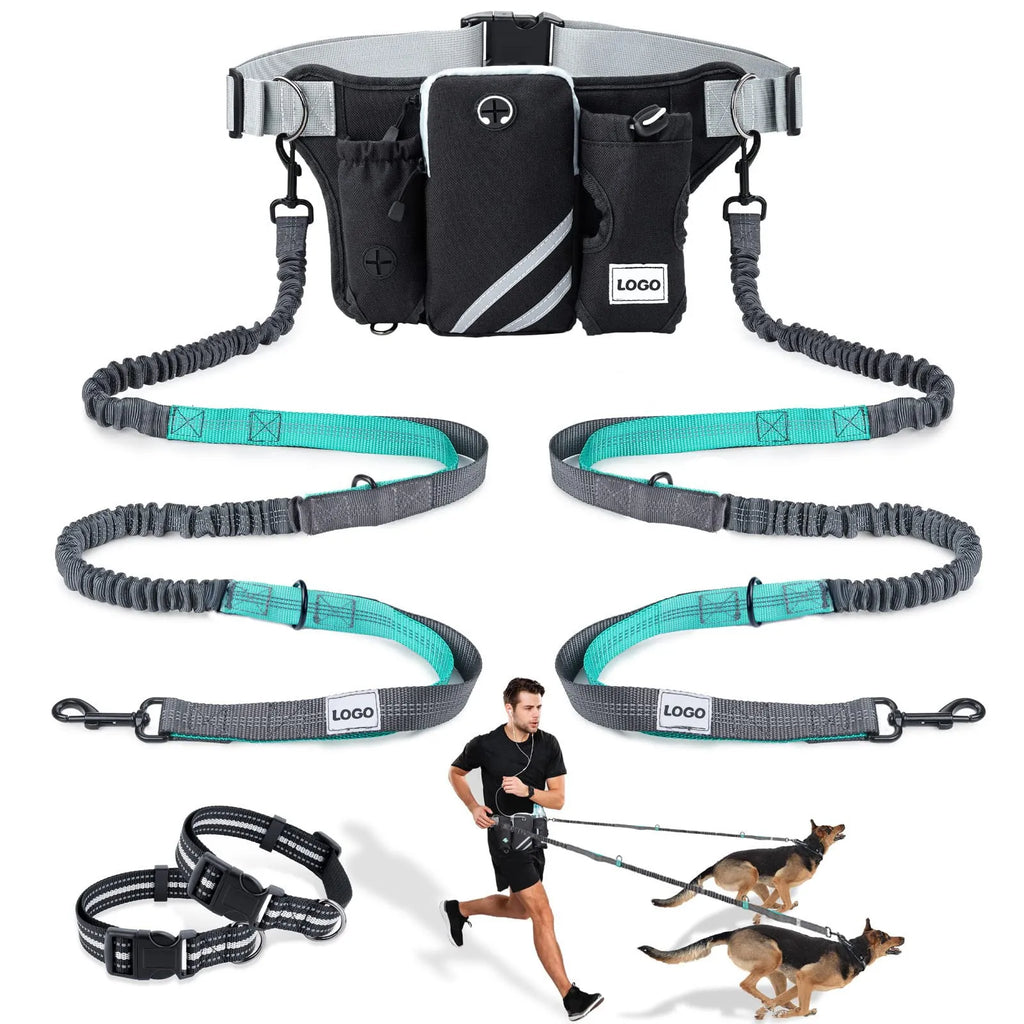 Black nylon outdoor pet training bag set with waist bag and collar leash for dog walking