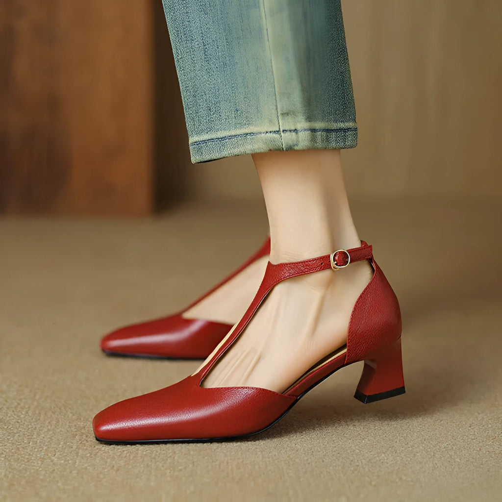 Wine red women's square toe high heels with a chunky block heel and buckle strap.