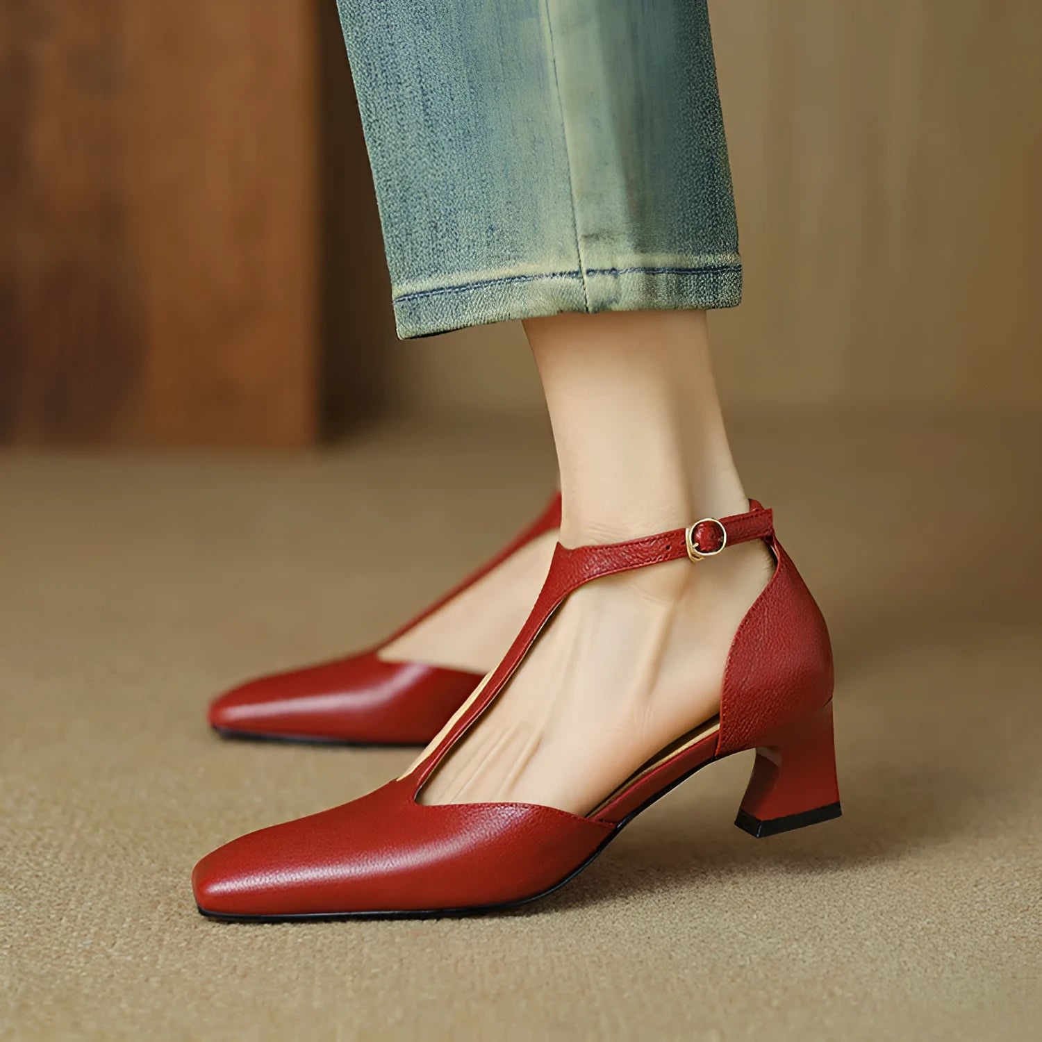 Wine red women's square toe high heels with a chunky block heel and buckle strap.