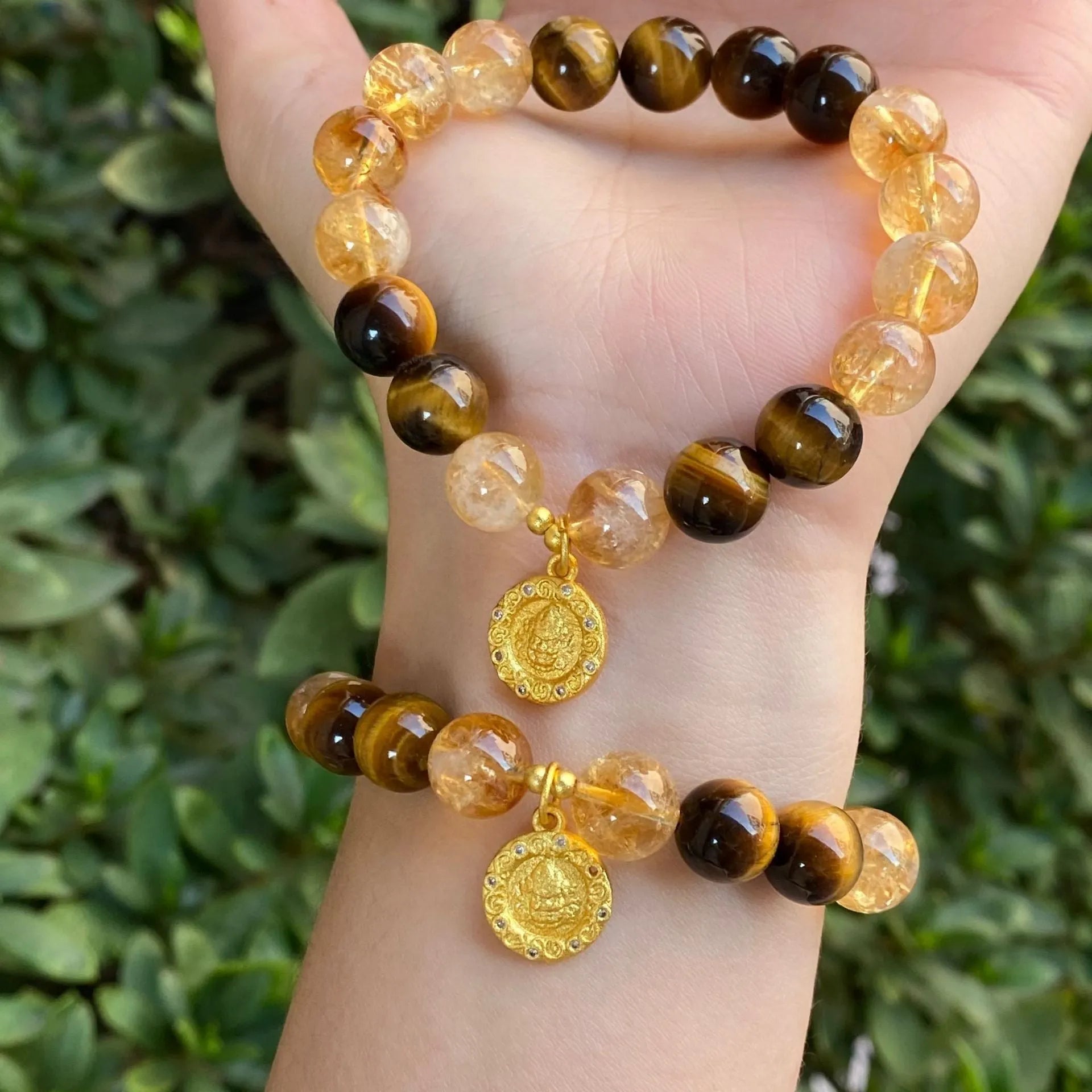 Handmade unisex citrine diamond gourd bracelet with mixed 10mm and 8mm electroplated crystal beads