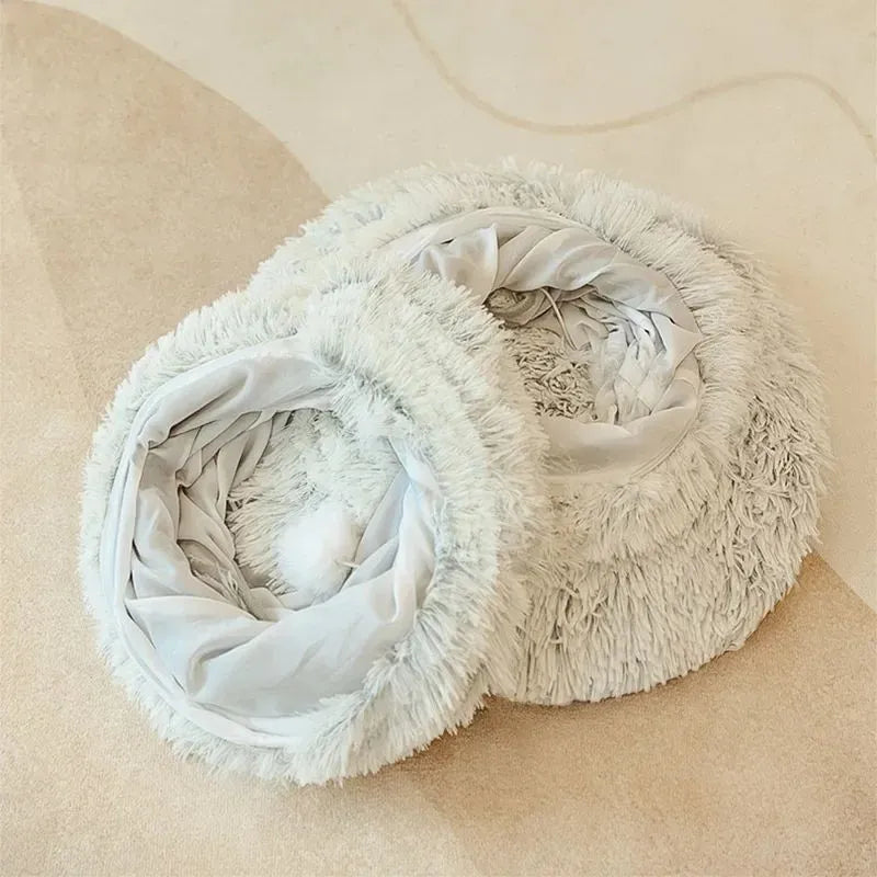 Grey plush cat bed cushion 85x85x26cm on floor, warm winter pet sleeping mat