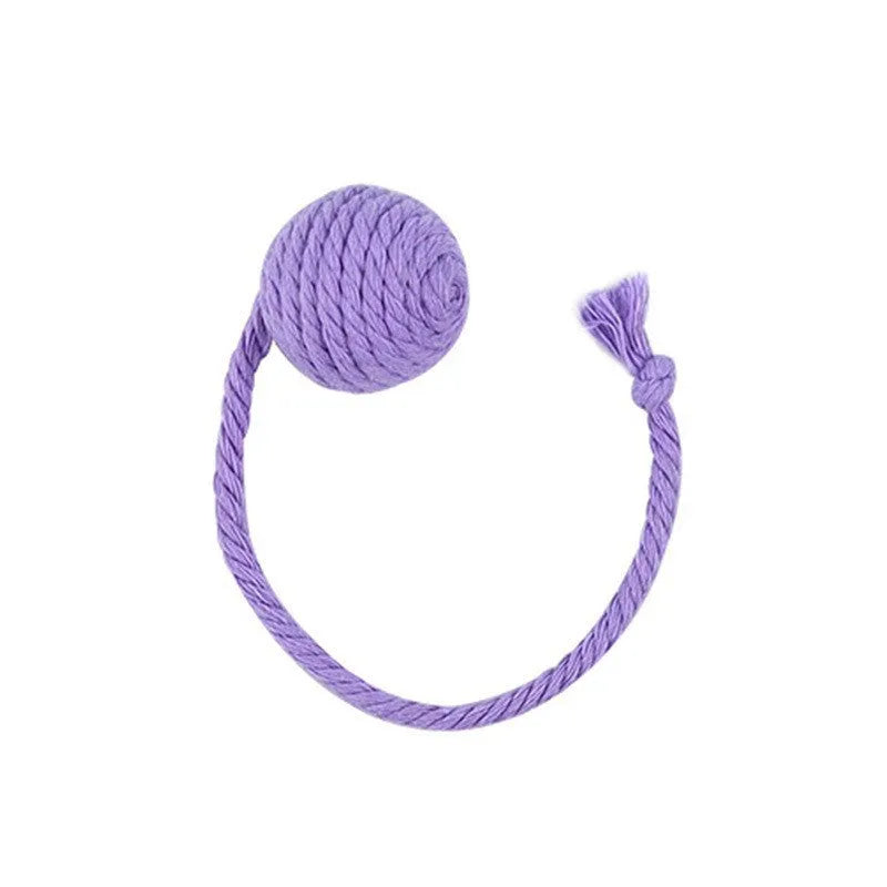 Interactive cat toy ball with rope attachment and built-in bell in green, pink, purple and yellow colours
