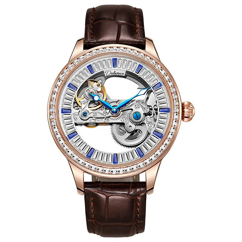 Men's mechanical watch with exhibition case back, onion crown, on a stainless steel or leather strap