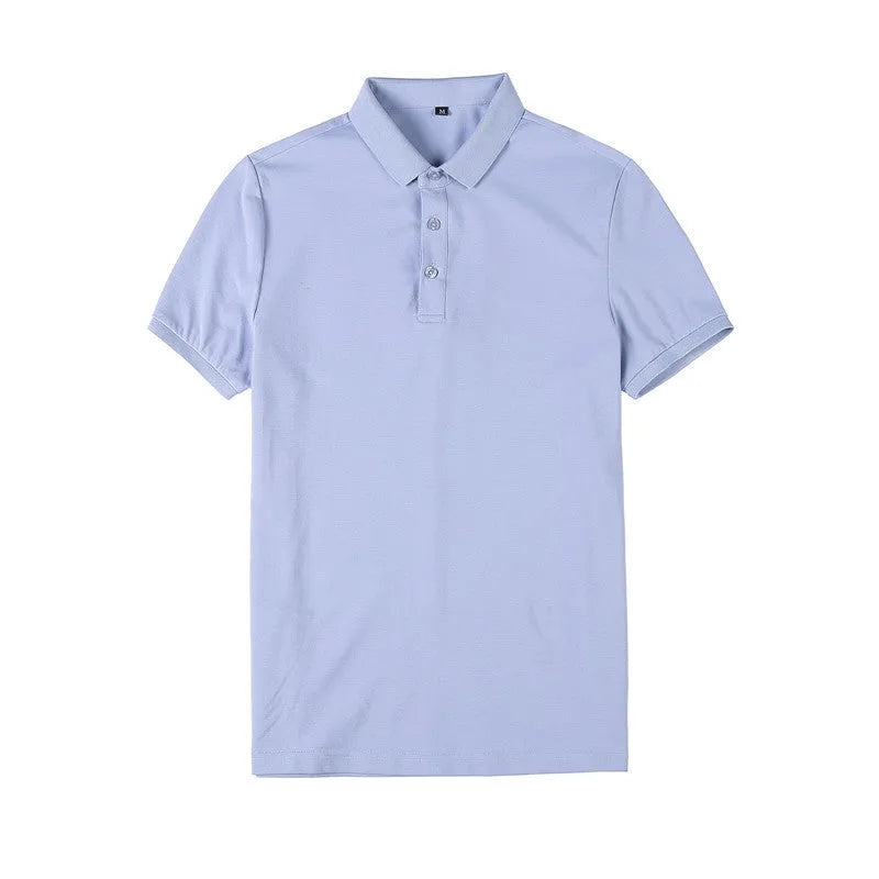 Slim-fit solid colour polo shirt with lapel collar and short sleeves on a hanger.
