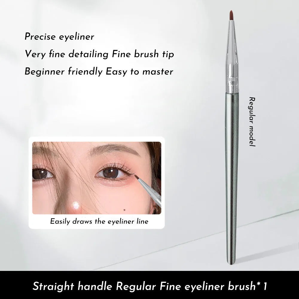 Angle view of a bend head fine tip eyeliner brush for under eye and tear trough makeup application.