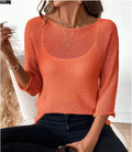 Women's knitted off-shoulder top with 3D pattern in lavender purple colour showing 3/4 sleeve detail