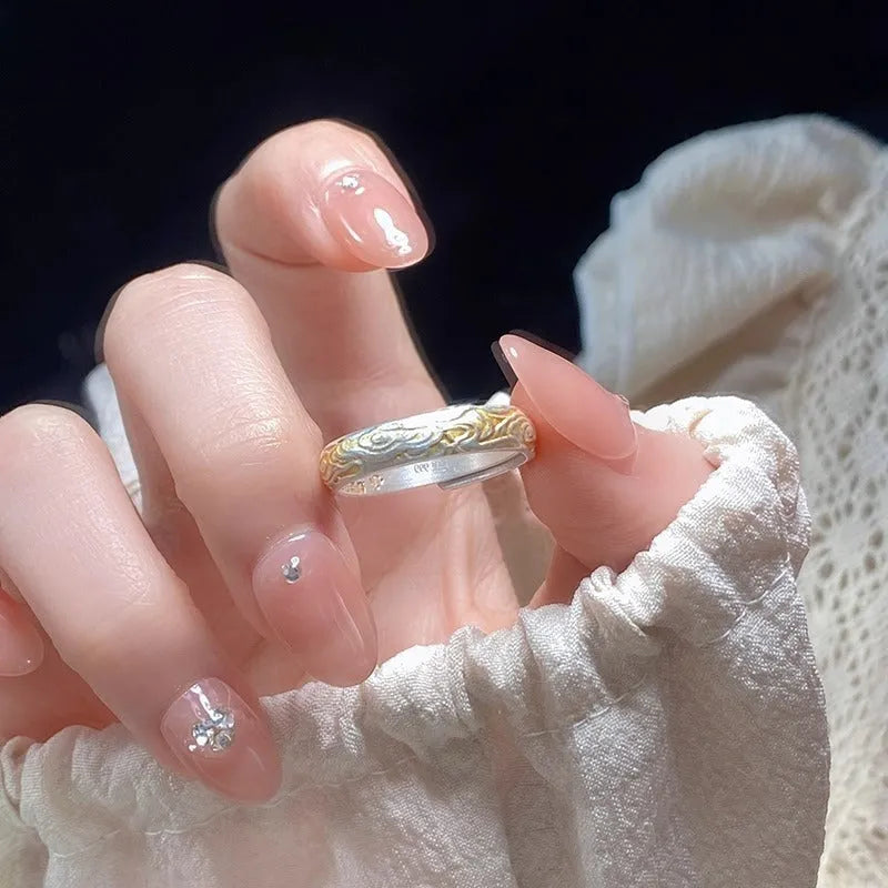 Adjustable open mouth white copper ring with J14 Xiangyun pattern and silver gold electroplated finish.