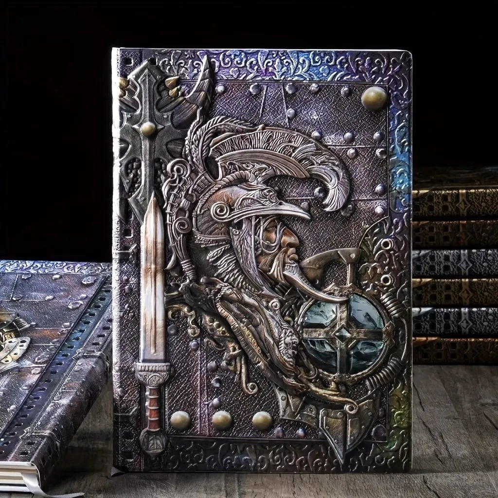 A5 leather notebook with embossed 3D warriors design on the cover.