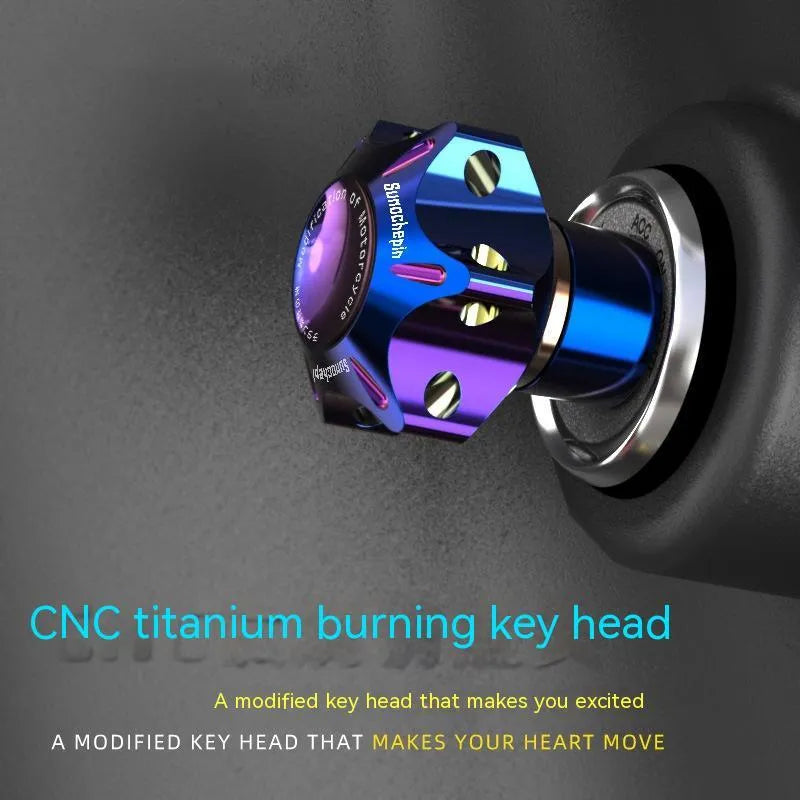 T6 aluminium motorcycle key head cover in hexagonal, pentagram, and plum blossom designs.