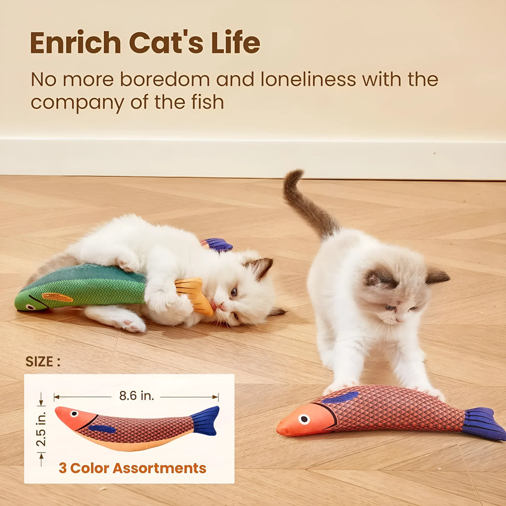Soft plush fish-shaped cat kicker toy filled with organic catnip in green, orange, and yellow colours.