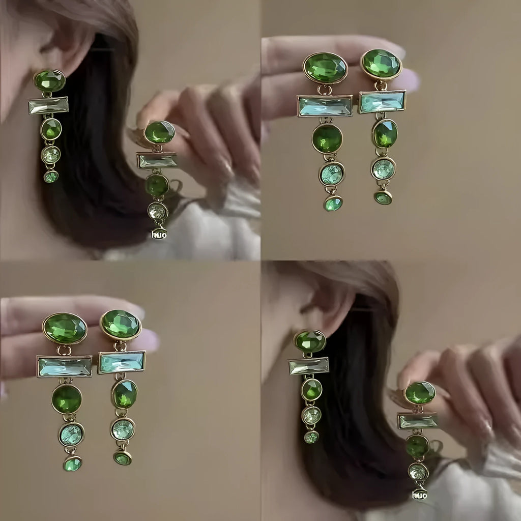 A pair of green gradient geometric alloy earrings with zircon inlay and tassel details.