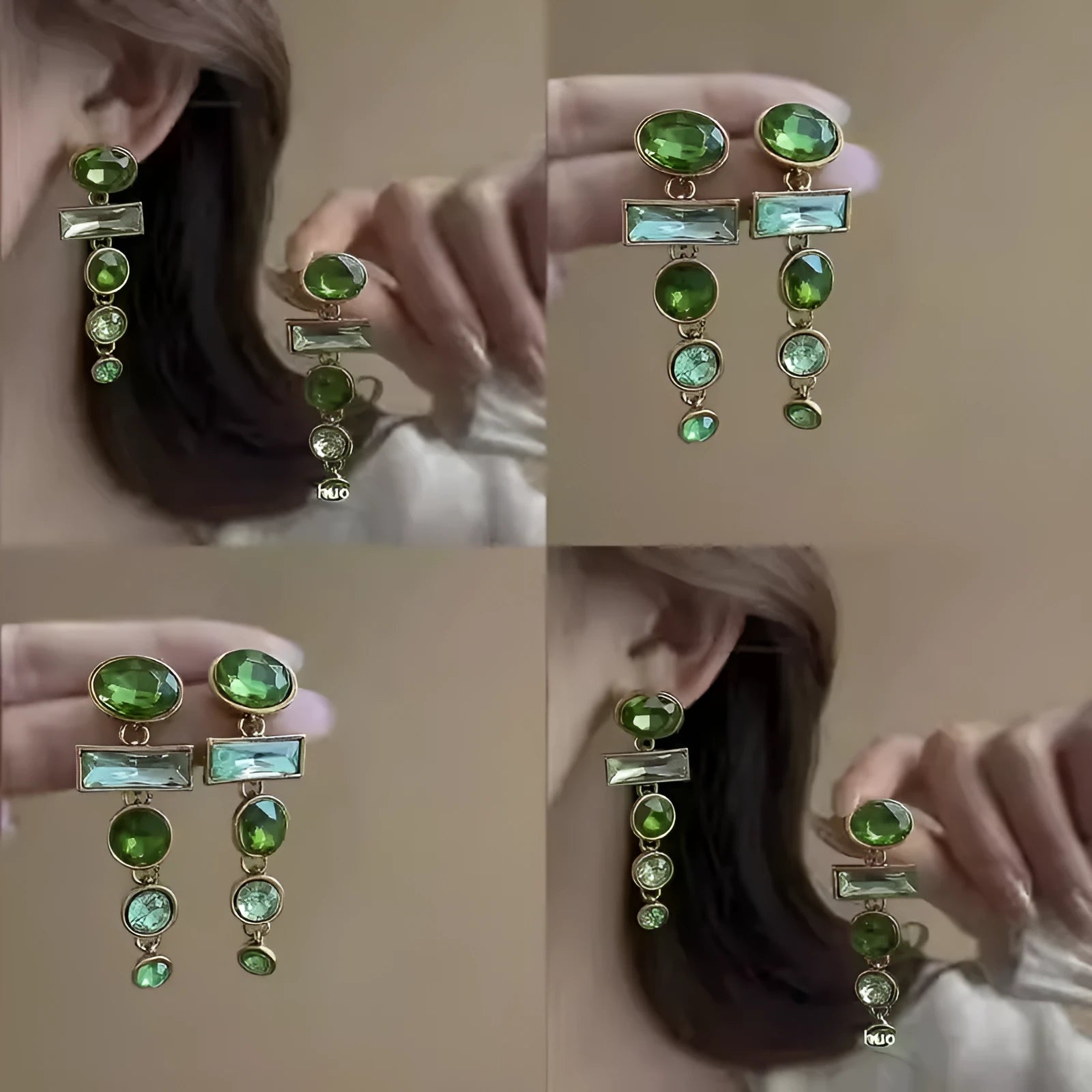 A pair of green gradient geometric alloy earrings with zircon inlay and tassel details.