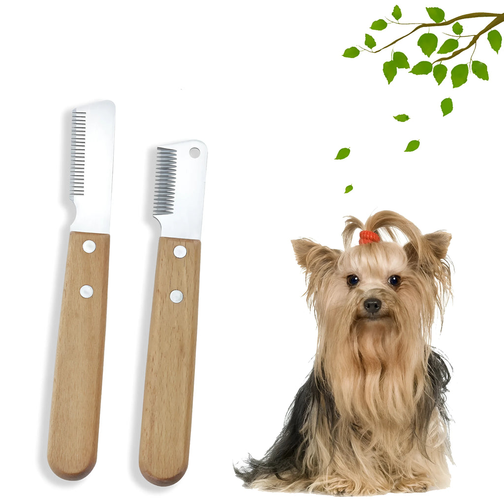 Pet stripping comb with wood handle and metal fittings for dog and cat grooming