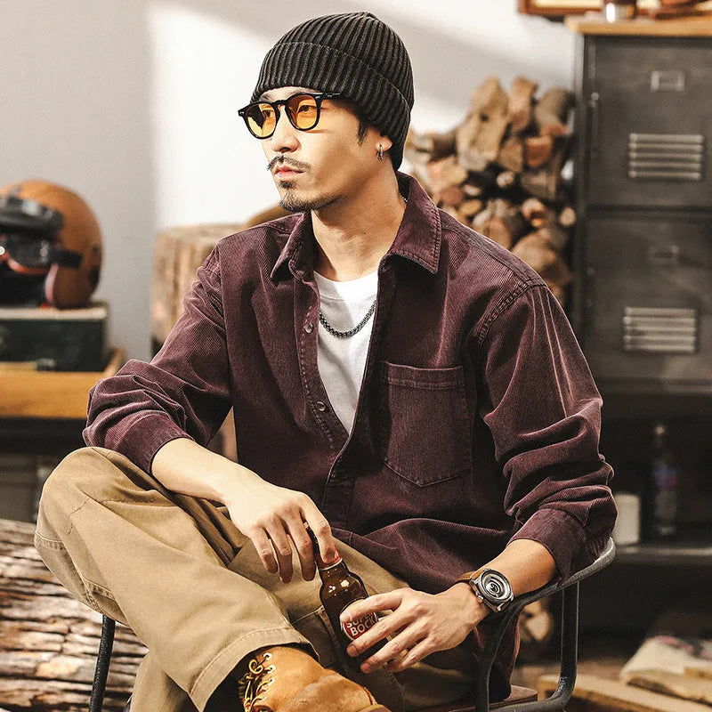 Men's retro corduroy long-sleeved shirt jacket in red or black, loose fit.
